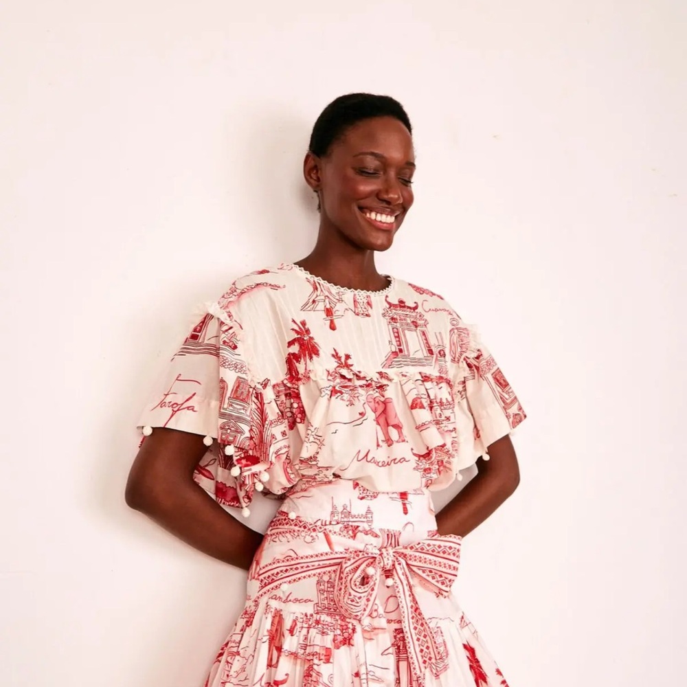 FARM Rio Red and White Ruffle Blouse